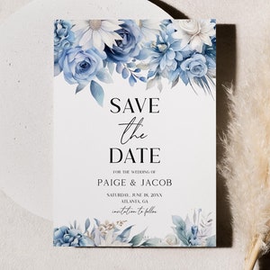 Composition florale bleue cendrée carte « Retenez cette date » pour mariage | B14 modifiable