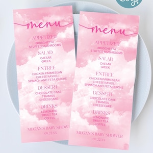 Bearbeitbares Babyparty-Menü | Baby Shower Menu auf Wolke Sieben | Pink Weiße Wolken A15