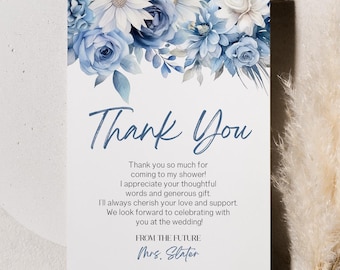 Tarjeta de agradecimiento para despedida de soltera con flores azules polvorientas / Something Blue Before I Do Nota de agradecimiento editable B12