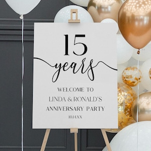 Cartel de bienvenida para fiesta de 15.º aniversario de bodas / Póster de caballete editable, elegante, minimalista, en blanco y negro, tablero de espuma B63