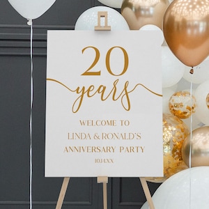 Cartel de bienvenida para celebración de 20.º aniversario de bodas / Póster de caballete editable, elegante y minimalista, color blanco champán, tablero de espuma B63