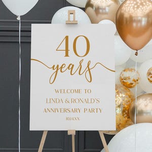 Cartel de bienvenida para fiesta de 40.º aniversario de bodas/Póster de caballete editable, elegante y minimalista, color blanco champán, tablero de espuma B63