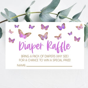 Windel Tombola Karte | Baby Shower Windel Tombola Karten | Lila Schmetterling Motiv