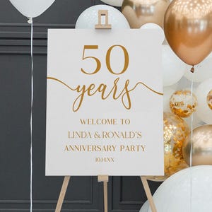 Cartel de bienvenida para fiesta de 50.º aniversario de bodas / Póster de caballete editable, elegante y minimalista, color blanco champán, tablero de espuma B63