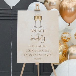 Panneau de bienvenue pour brunch et soirée de fiançailles pétillante | Verres à champagne modifiables mariage fête de fiançailles chevalet affiche mousse B28