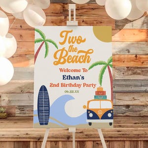 Two The Beach Surf Board Beach Wave 2e anniversaire Party Panneau de bienvenue | Poster éditable pour chevalet de fête d'anniversaire B54, panneau en mousse B54