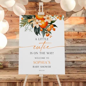 ¡Llega una pequeña belleza! / Letrero de bienvenida editable para baby shower con diseño de naranja, cítrico y mandarina / Póster moderno y elegante con caballete de cartón pluma B85