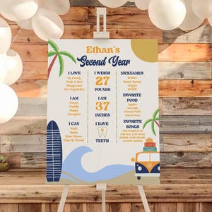 Cartel de hito para fiesta de segundo cumpleaños de verano con olas de playa y surf. Póster de caballete editable de mi segundo año en tablero de espuma B54.