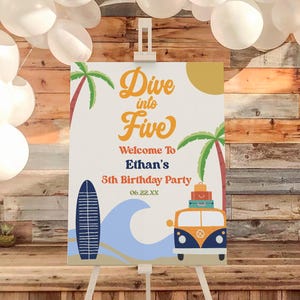 Plongez dans cinq planches de surf Beach Wave signe de bienvenue pour fête d'anniversaire du 5e anniversaire | Poster éditable pour chevalet de fête d'anniversaire B54, panneau en mousse B54