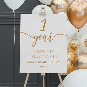 Cartel de bienvenida para celebrar el primer aniversario de bodas / Póster de caballete editable, elegante y minimalista, color blanco champán, tablero de espuma B63
