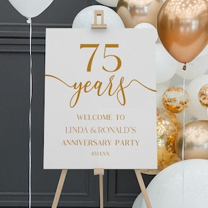 Cartel de bienvenida para la fiesta de 75.º aniversario de bodas / Póster de caballete editable, elegante y minimalista, color blanco champán, tablero de espuma B63