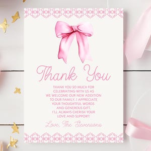Cartão de agradecimento para chá de bebê com laço rosa pastel | Cartão de agradecimento plano para chá de bebê, elegante e fofo