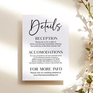 Klassisch schlicht modern schwarz weiß Hochzeit Detailkarte | Schlichte Einfache Grundlegende Hochzeitsdetails Information Beilagenkarte Bearbeitbare Vorlage A51