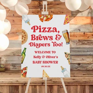 ¡Pizza, cerveza y pañales también! Letrero de bienvenida para baby shower mixto / Póster editable con caballete de pizza y cerveza, cartón pluma, estilo retro moderno B81