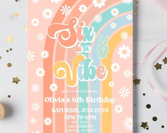 Six Is A Vibe 6e verjaardagsuitnodiging | Retro regenboog madeliefjes Groovy zesde verjaardag bewerkbare uitnodigingssjabloon