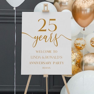 Cartel de bienvenida para celebración de 25.º aniversario de bodas / Póster de caballete editable, elegante y minimalista, color blanco champán, tablero de espuma B63