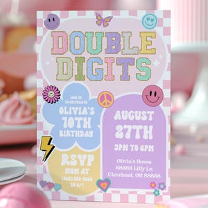 May include: A colorful invitation card with a checkered background and the text "DOUBLE DIGITS" in rainbow letters. The invitation is for Olivia's 10th birthday party on August 27th from 3pm to 6pm. The invitation includes a peace sign, a smiley face, and a lightning bolt graphic.