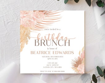 Birthday Brunch Party Invitation | Soft Pink Floral Themed B-Day Invite | Bday Celebration Invites with Beautiful Flower Design | 5x5 Size