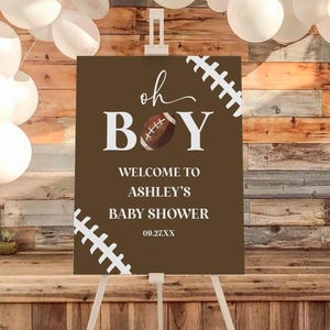 ¡Vaya! Plantilla editable para letrero de bienvenida de baby shower de fútbol, póster de caballete deportivo con encaje marrón, tablero de espuma B79