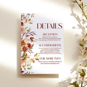 Carte de voeux florale orange bordeaux d'automne d'automne | Fleurs d'automne pour pièce jointe d'information sur les détails du mariage | Modèle modifiable A33
