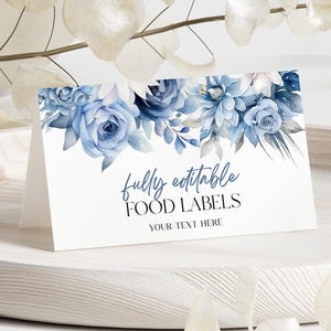 Może przedstawiać: Biała karta z niebieskimi kwiatami akwarelowymi i tekstem "fully editable FOOD LABELS YOUR TEXT HERE".