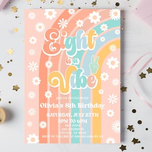 Eight Is A Vibe 8th Birthday Party Invitation | Retro Rainbow Daisies Groovy Eighth Birthday Party Editable Invite Template