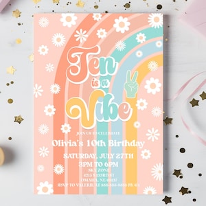 Ten Is A Vibe 10th Birthday Party Invitation | Retro Rainbow Daisies Groovy Tenth Birthday Party Editable Invite Template