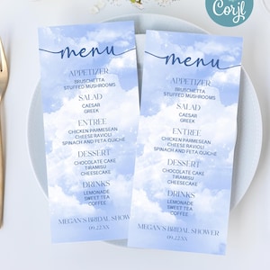 Editable Bridal Shower Menu | The Bride Is On Cloud Nine Bridal Shower Menu | Blue White Sparkly Clouds