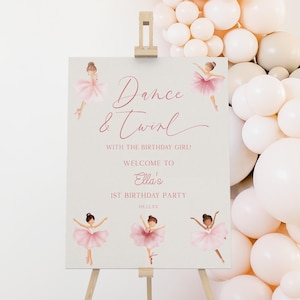 Cartello di benvenuto per festa di compleanno di ballerine di danza e piroette / Poster modificabile per festa di compleanno di ballerine di danza classica rosa su cavalletto in schiuma B75
