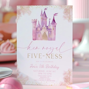 May include: A pink-themed birthday party setting with a cake, cupcakes, and a princess invitation. The invitation shows a watercolour castle and the words "her royal FIVE-NESS". The cake is decorated with pink icing and the cupcakes have pink icing swirls.