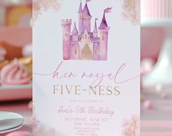 ロイヤル・ファイブネス・プリンセス5歳の誕生日パーティー招待状 | ロイヤルキャッスル5歳の誕生日パーティー 編集可能な招待状 ピンクパープルゴールドグリッター A64