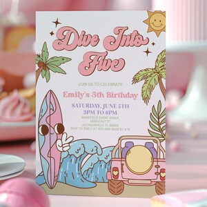 Dive Into Five Retro Groovy Surf Board Beach Wave 5th Birthday Party Invitation | Fifth Birthday Party Invitation | Editable Invite