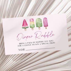 She&#39;s Ready To Pop! Popsicle Baby Shower Diaper Raffle Card | Editable Elegant Pink Green Yellow Popsicles Diaper Raffle Ticket B92