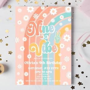 Nine Is A Vibe 9th Birthday Party Invitation | Retro Rainbow Daisies Groovy Ninth Birthday Party Editable Invite Template