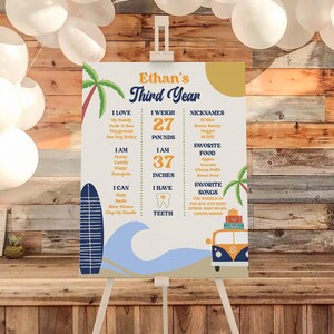 Cartel de hito para fiesta de tercer cumpleaños de verano con olas de playa y surf. Póster de caballete editable de mi tercer año. Tablero de espuma B54.