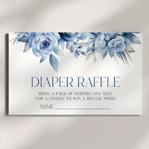 Cartão de rifa de fraldas Dusty Blue Floral Flowers | Bilhetes de rifa de fraldas para chá de bebê | Imprimível 3,5x2 | Baby In Bloom B13
