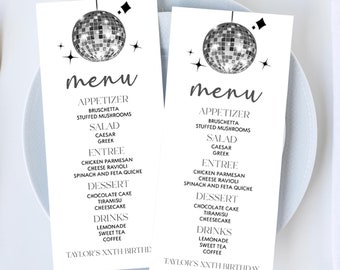 Editable Birthday Party Menu | Silver Sparkly Disco Ball Birthday Party Menu | Modern Elegant B17