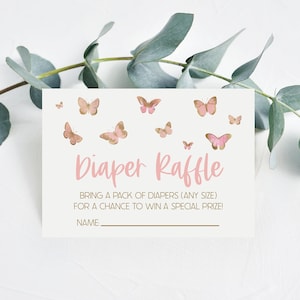Windel Tombola Karte | Baby Shower Windel Tombola Karten | Rosa Schmetterling Themed
