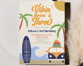 Vibin' Thrivin' & Three Beach Surf Board Beach Wave 3rd Birthday Party Invitation | Third Birthday Party Invitation | Editable Invite