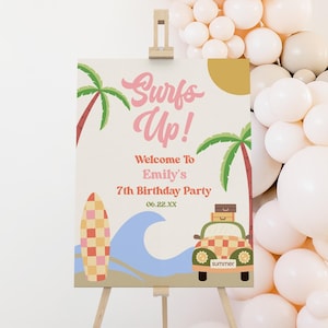 ¡A surfear! Cartel de bienvenida para fiesta de cumpleaños con tabla de surf y olas de playa / Póster de caballete editable para fiesta de cumpleaños, tablero de espuma B53