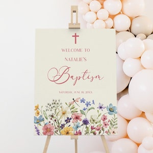 Cartel de bienvenida para bautizo, editable, con flores silvestres y flores, para jardín botánico, elegante póster de caballete de bautizo, tablero de espuma B76
