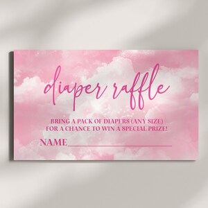 Cartão de rifa de fraldas Pink Sparkly Cloud Nine | Bilhetes de rifa de fraldas para chá de bebê | Imprimível 3,5x2 | We Are On Cloud Nine A15