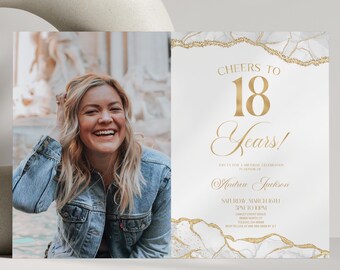 May include: A rectangular invitation card featuring a photograph of a smiling person in a denim jacket on the left and white text on the right that reads Cheers to 18 Years, along with the name Austin Jackson and event details, framed by gold marble.