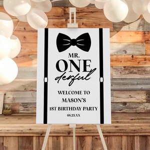 Panneau de bienvenue pour la fête du 1er anniversaire de Mr. ONEderful | Poster de chevalet de fête du premier anniversaire, carton mousse | M. One Derful | Modifiable | Minimaliste