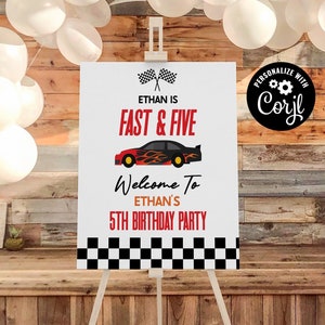 Panneau de bienvenue pour 5e anniversaire de voiture de course Fast and Five | Poster chevalet rouge modifiable pour fête du cinquième anniversaire, panneau en mousse A4