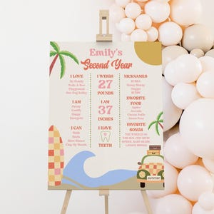 Cartel de hito para fiesta de segundo cumpleaños de verano con olas de playa y surf. Póster de caballete editable de mi segundo año. Tablero de espuma B53.
