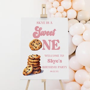 Letrero de bienvenida para el primer cumpleaños de Sweet One / Póster de caballete editable para fiesta de primer cumpleaños con galletas rosas y leche, tablero de espuma
