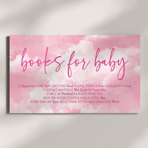 Pink Sparkly Cloud Nine Books For Baby Card | Livros de chá de bebê para cartão de anexo de bebê | Imprimível 3,5x2 | Estamos nas nuvens A15