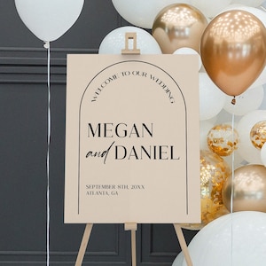Panneau de bienvenue pour mariage arche beige moderne minimaliste élégant | Chevalet éditable, carton mousse A95