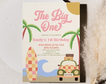 The Big One Surf Board Beach Wave 1st Birthday Party Invitation | First Birthday Party Invitation | Editable Invite B53